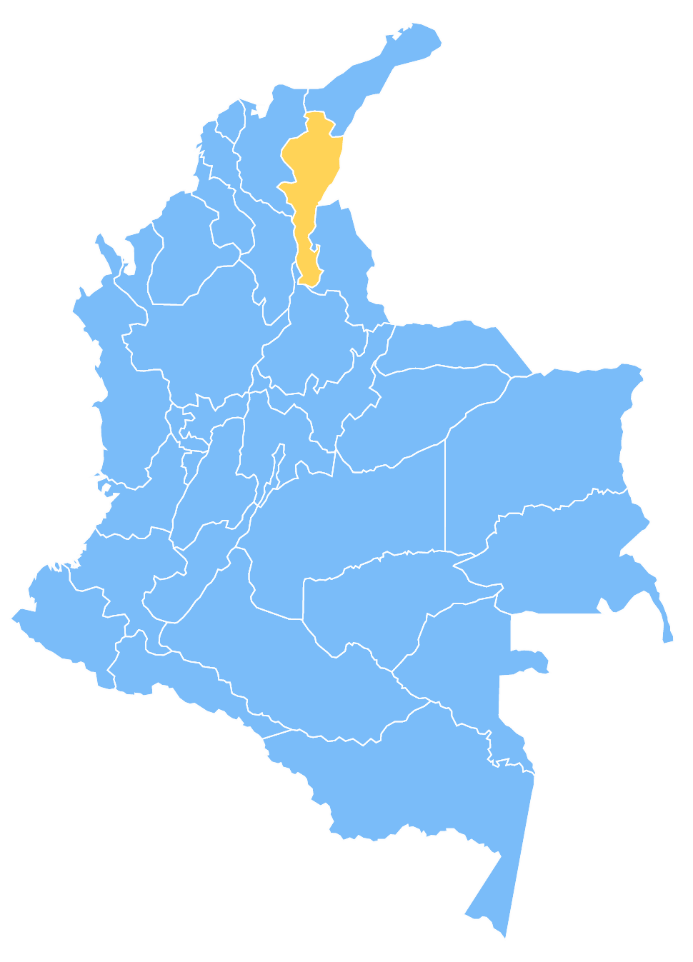 Mapa de Colombia resaltando el departamento de Cesar 