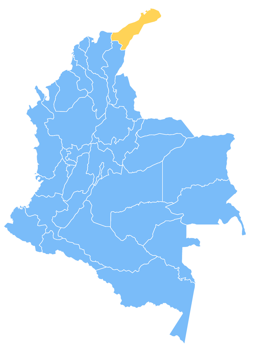 Mapa de Colombia resaltando el departamento de Guajira